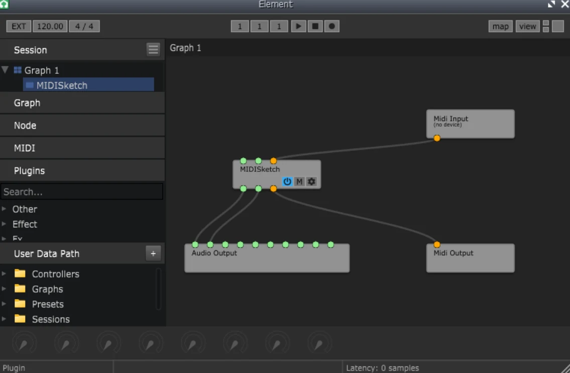 Element's graph: Midi Input wired to MIDISketch, MIDISketch's two audio outputs wired to Audio Output, and its MIDI out to Midi Output