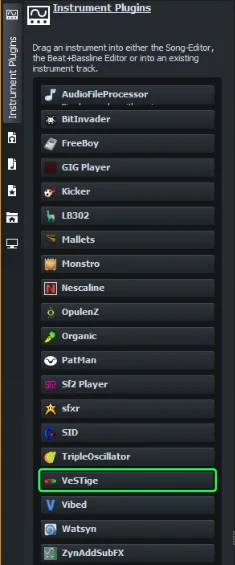LMMS's Instrument Plugins list with VeSTige near the bottom