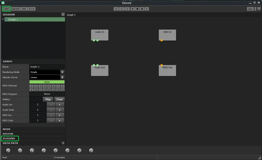 Element open inside LMMS with an empty graph: Audio In, Audio Out, MIDI In and MIDI Out