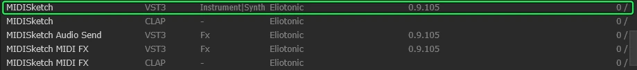 Scan results listing MIDISketch as VST3 and CLAP, by Eliotonic