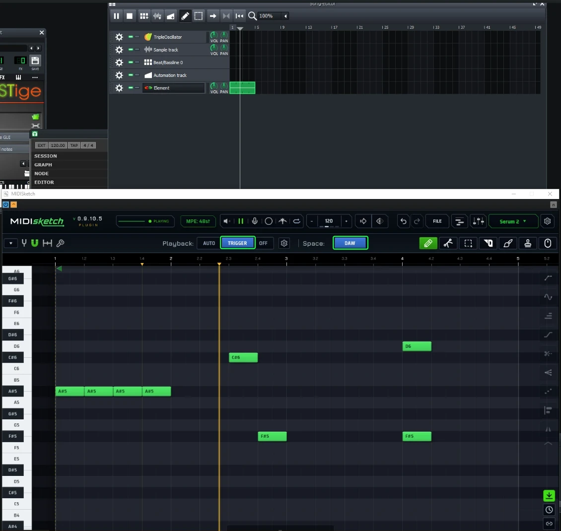 MIDISketch in Trigger mode playing alongside LMMS, with Space set to DAW