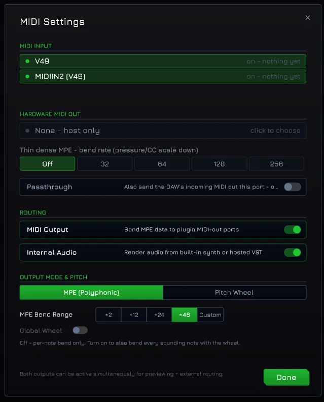 The MIDI Settings dialog: inputs, hardware MIDI out, routing, and MPE bend range