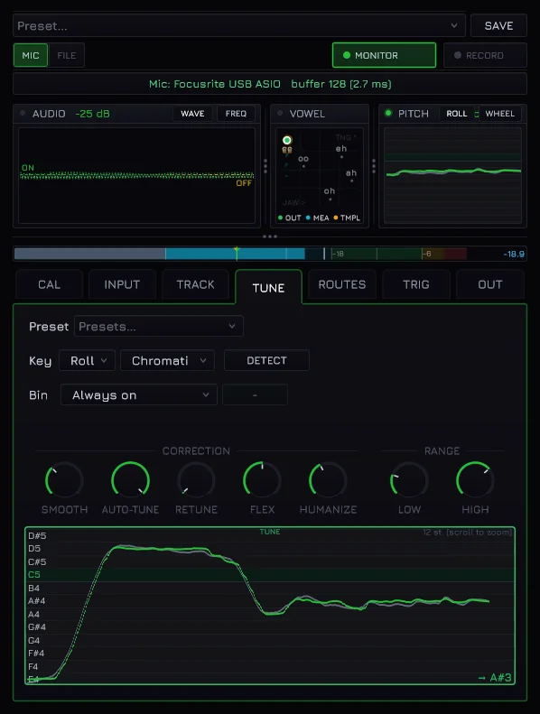 The MIDISketch voice-to-MIDI window: live pitch tracking, vowel map, and tune controls
